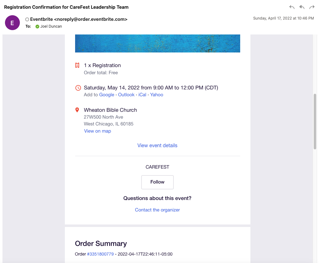 screenshot of email confirmation from Eventbrite